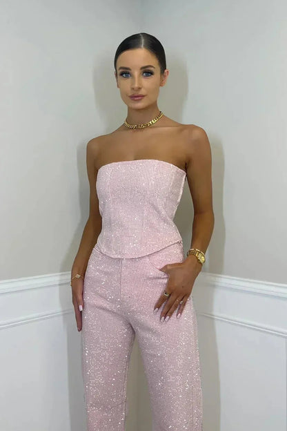 Micaela | Black Sequin Strapless Top and High Waisted Trousers Set 10