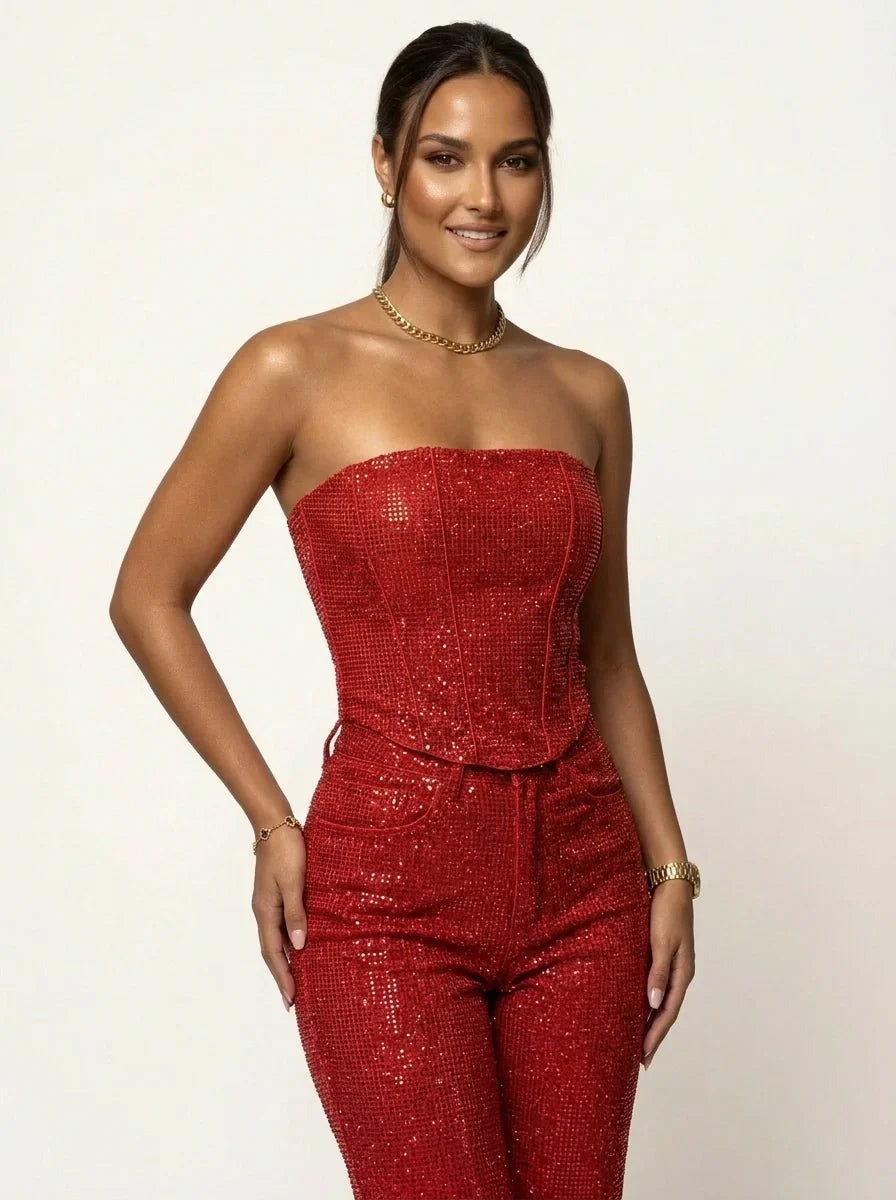 Micaela | Black Sequin Strapless Top and High Waisted Trousers Set 12