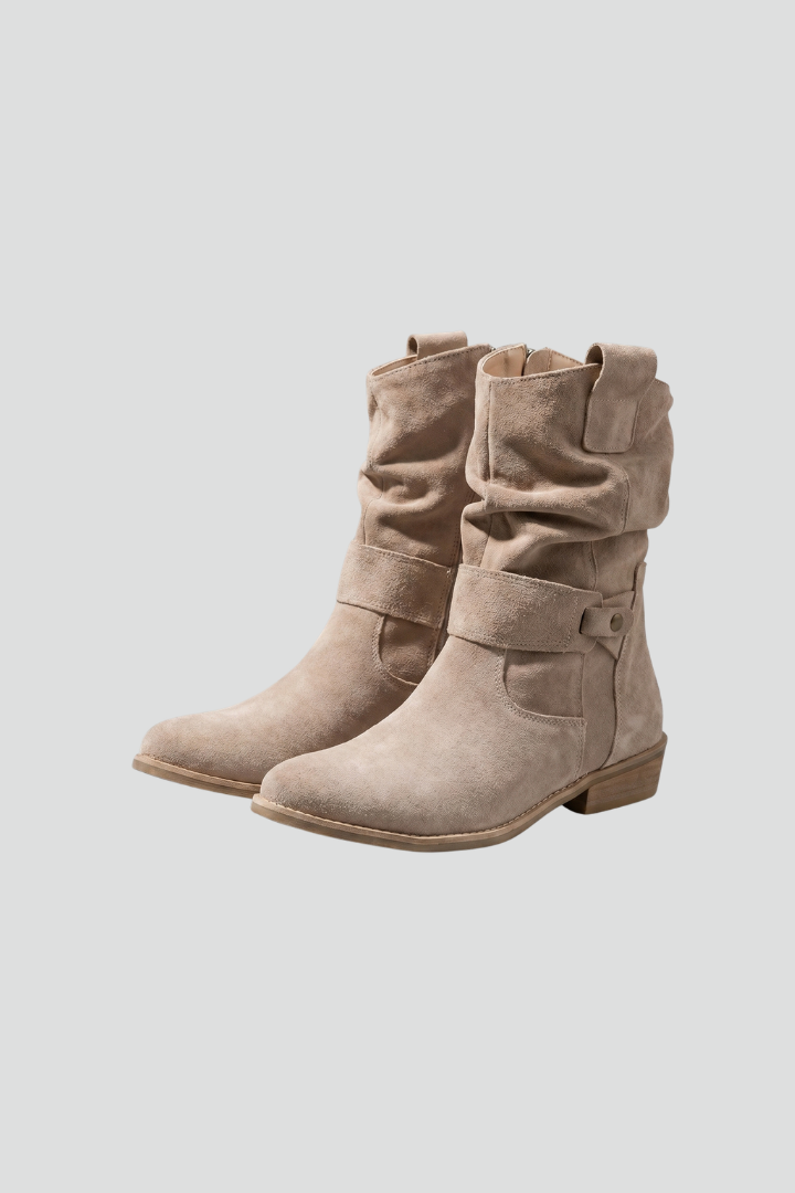 Saoirse | Taupe Suede Slouch Mid Calf Boots with Strap 1