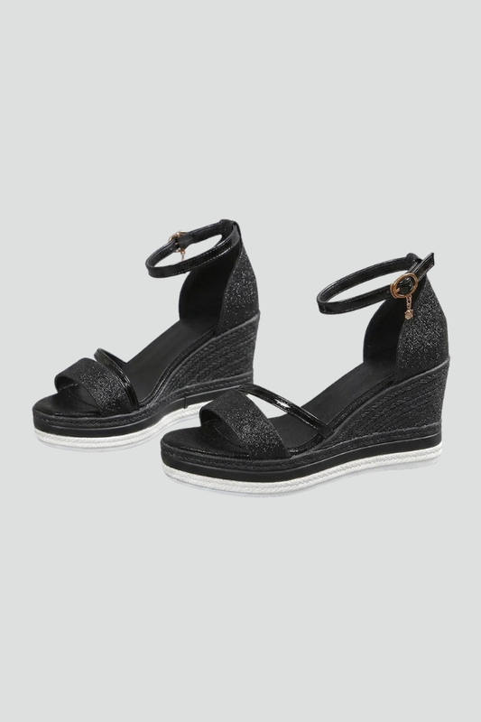 Mireille | Black Glitter Ankle Strap Wedge Sandals 1