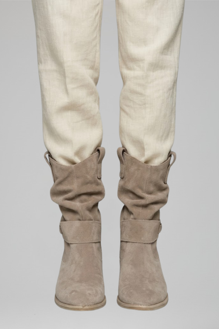 Saoirse | Taupe Suede Slouch Mid Calf Boots with Strap 3