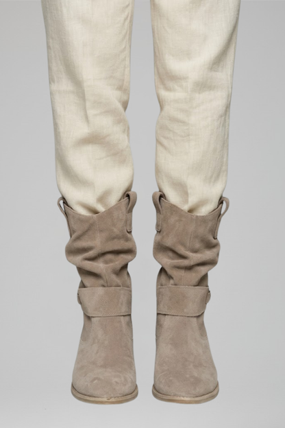 Saoirse | Taupe Suede Slouch Mid Calf Boots with Strap 3
