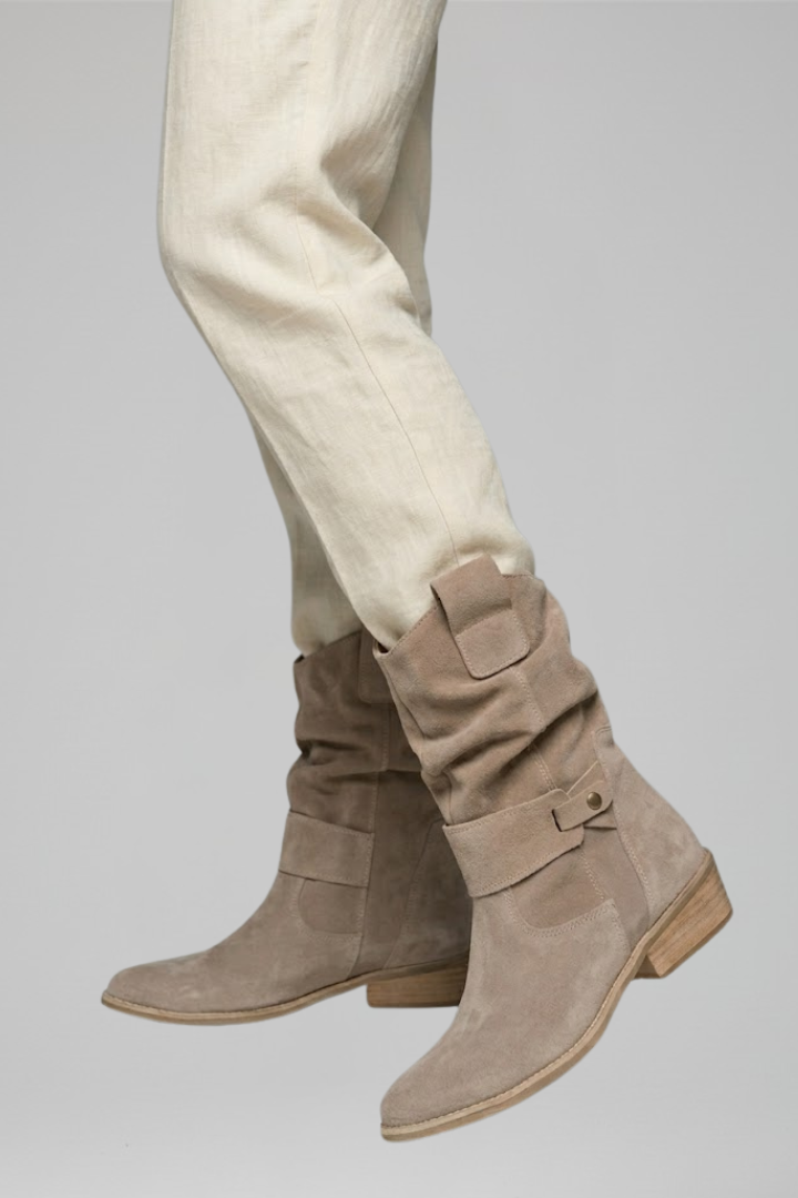 Saoirse | Taupe Suede Slouch Mid Calf Boots with Strap 4