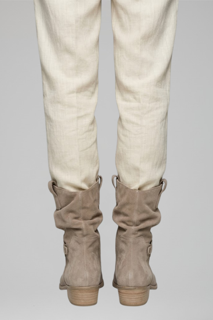 Saoirse | Taupe Suede Slouch Mid Calf Boots with Strap 5