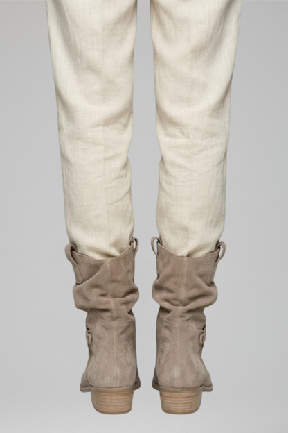 Saoirse | Taupe Suede Slouch Mid Calf Boots with Strap 5