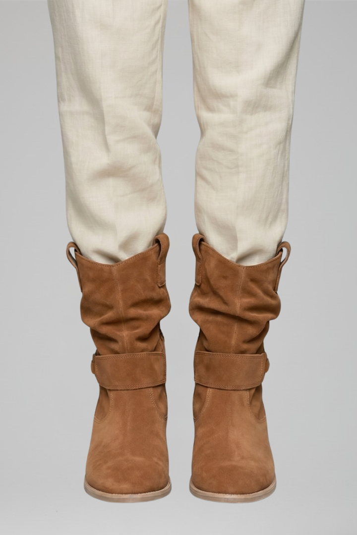 Saoirse | Taupe Suede Slouch Mid Calf Boots with Strap 6