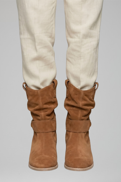 Saoirse | Taupe Suede Slouch Mid Calf Boots with Strap 6