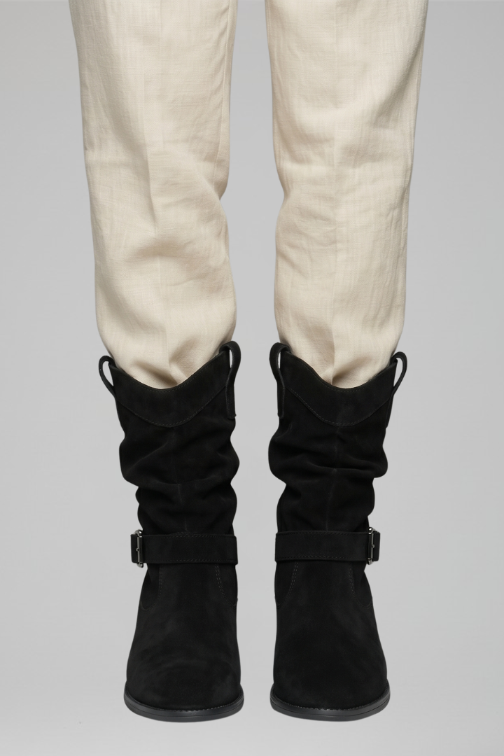 Saoirse | Taupe Suede Slouch Mid Calf Boots with Strap 7
