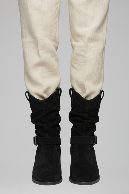 Saoirse | Taupe Suede Slouch Mid Calf Boots with Strap 7