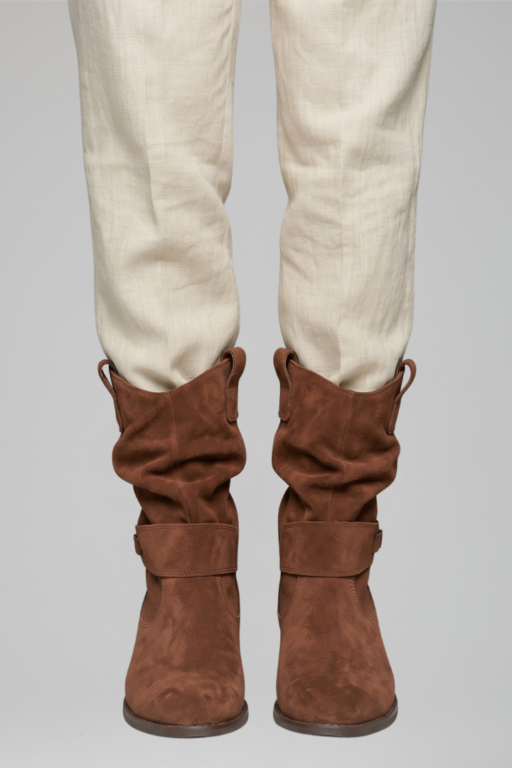 Saoirse | Taupe Suede Slouch Mid Calf Boots with Strap 8