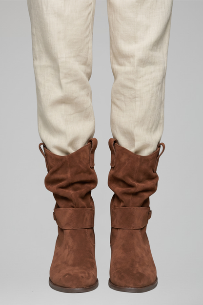 Saoirse | Taupe Suede Slouch Mid Calf Boots with Strap 8