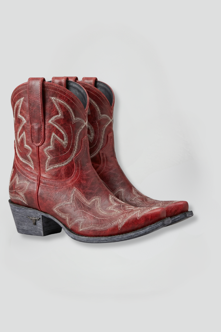 Solene | Red Embroidered Western Cowboy Ankle Boots 1