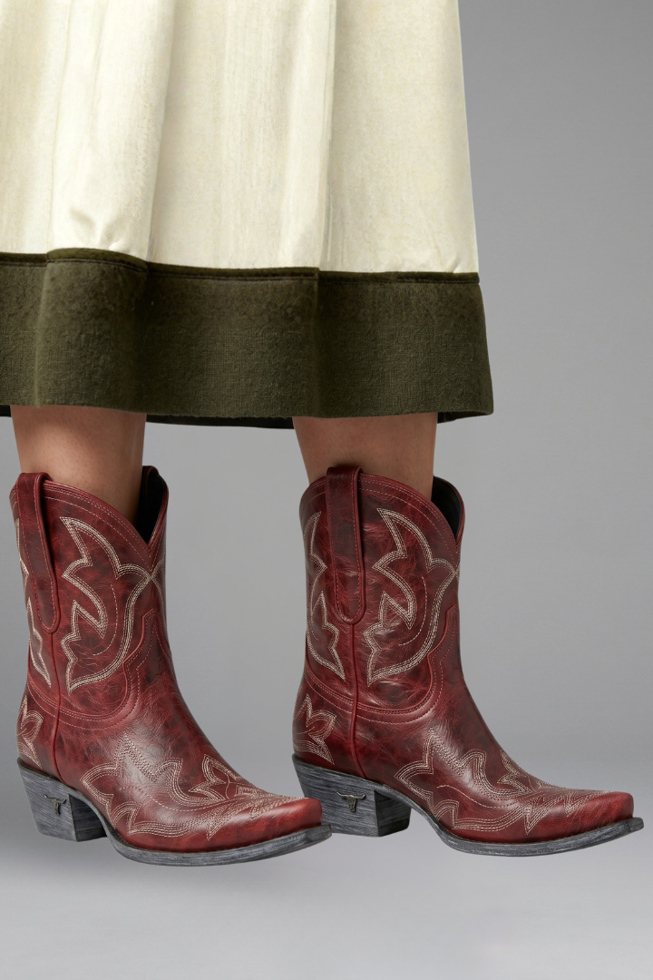 Solene | Red Embroidered Western Cowboy Ankle Boots 3