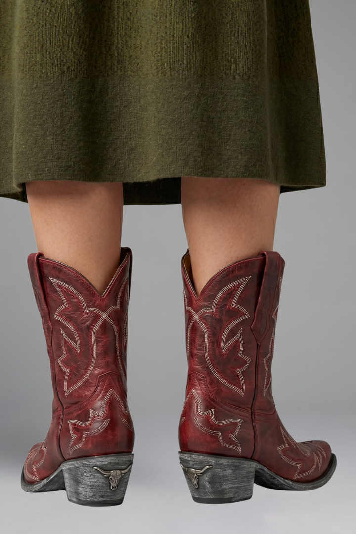 Solene | Red Embroidered Western Cowboy Ankle Boots 4