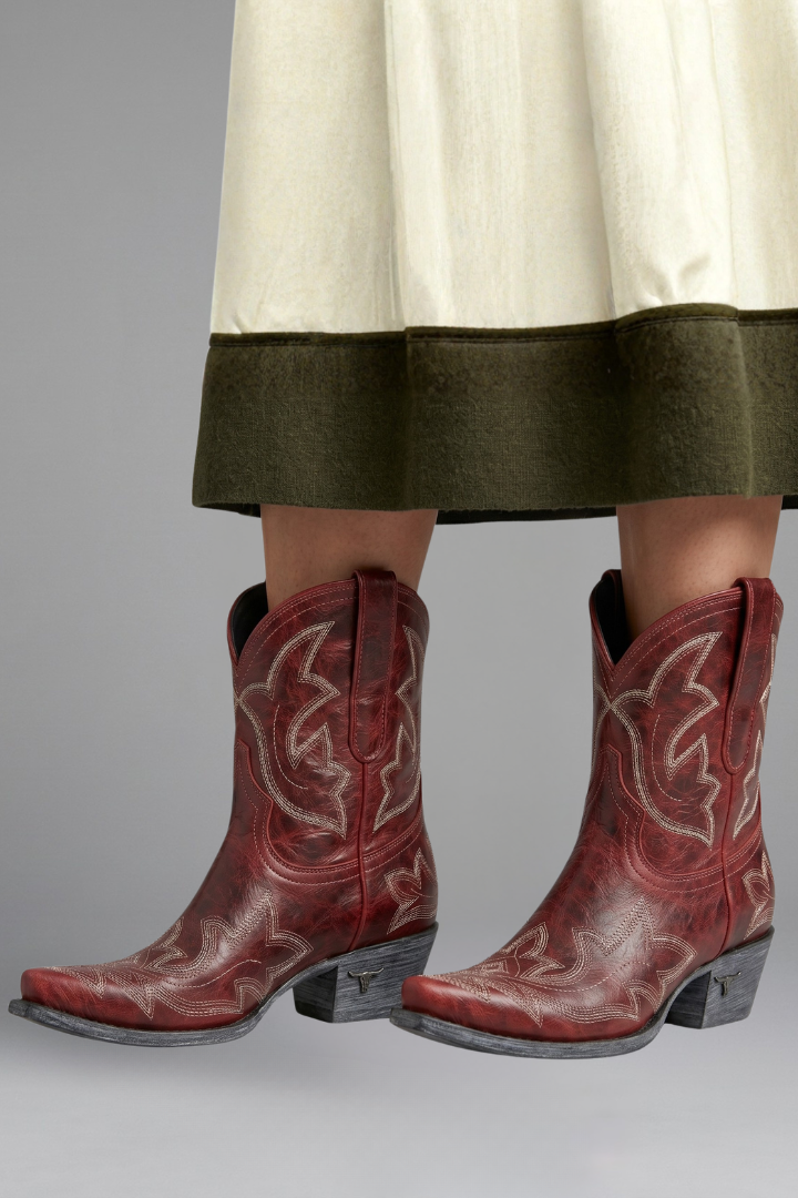 Solene | Red Embroidered Western Cowboy Ankle Boots 5