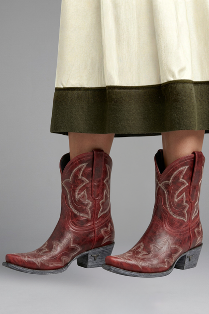Solene | Red Embroidered Western Cowboy Ankle Boots 5