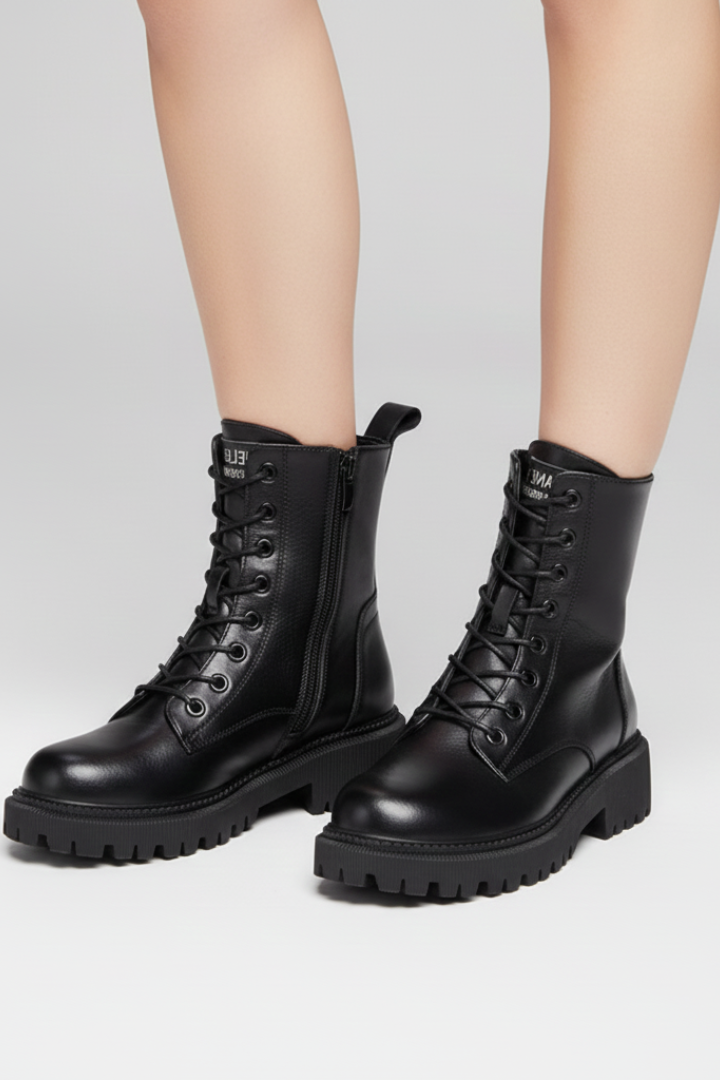 Ottavia | Black Lace Up Combat Boots with Chunky Lug Sole 3