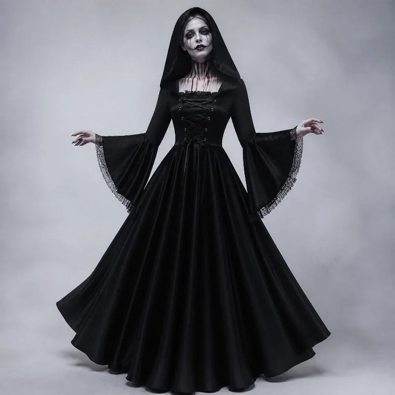 Morgana | Black Hooded Bell Sleeve Witch Gown 1