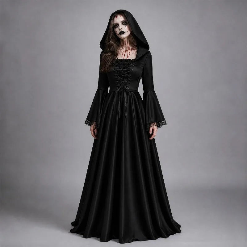 Morgana | Black Hooded Bell Sleeve Witch Gown 2