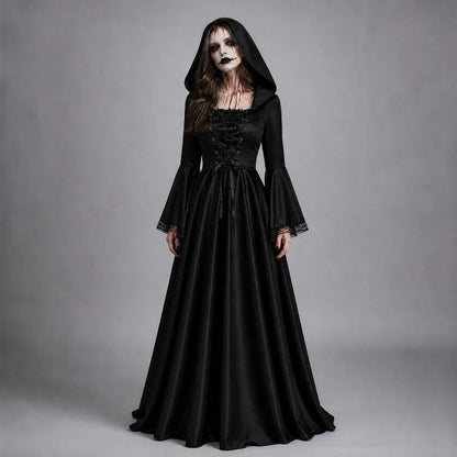 Morgana | Black Hooded Bell Sleeve Witch Gown 2