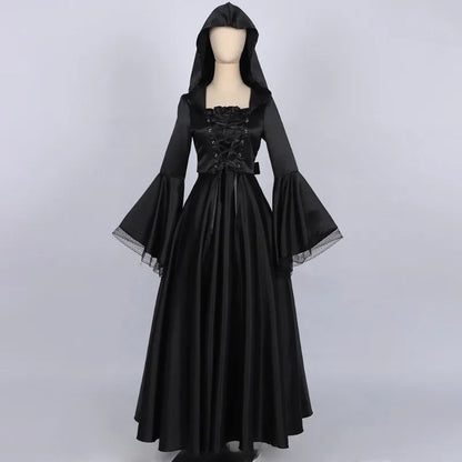 Morgana | Black Hooded Bell Sleeve Witch Gown 3