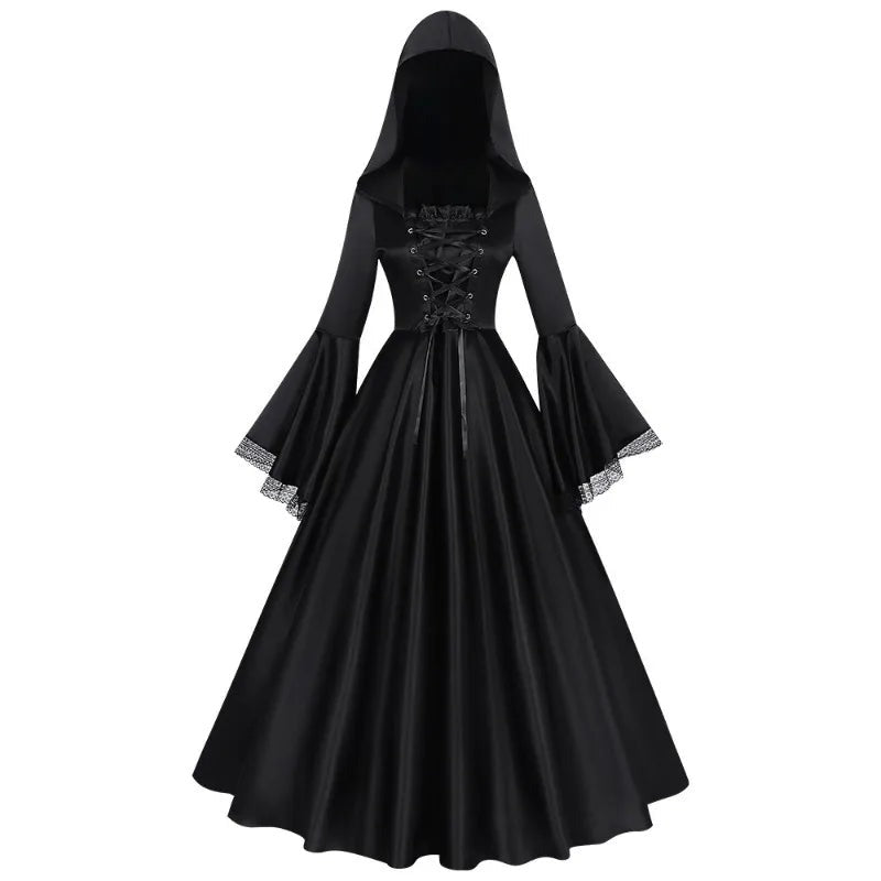 Morgana | Black Hooded Bell Sleeve Witch Gown 4