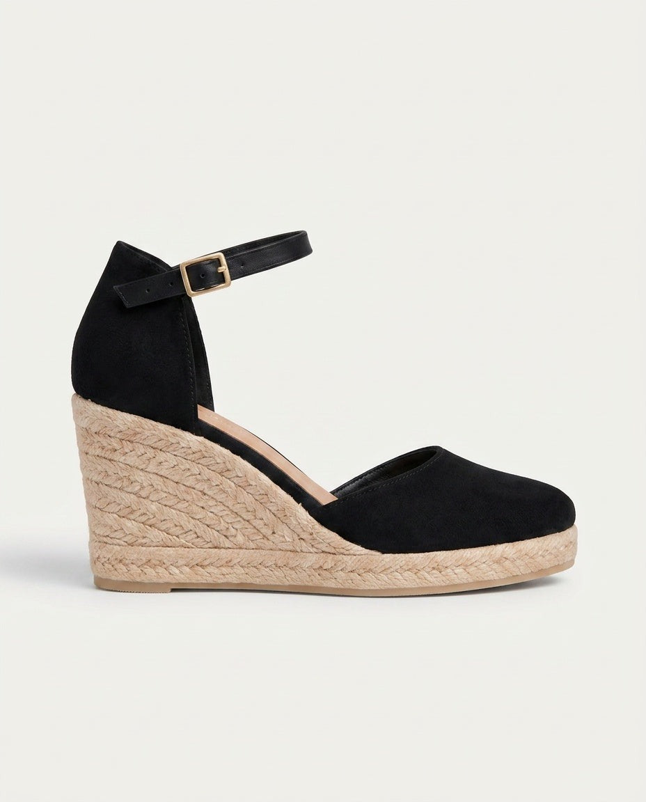 Zaila | Black Closed Toe Ankle Strap Espadrille Wedges 1