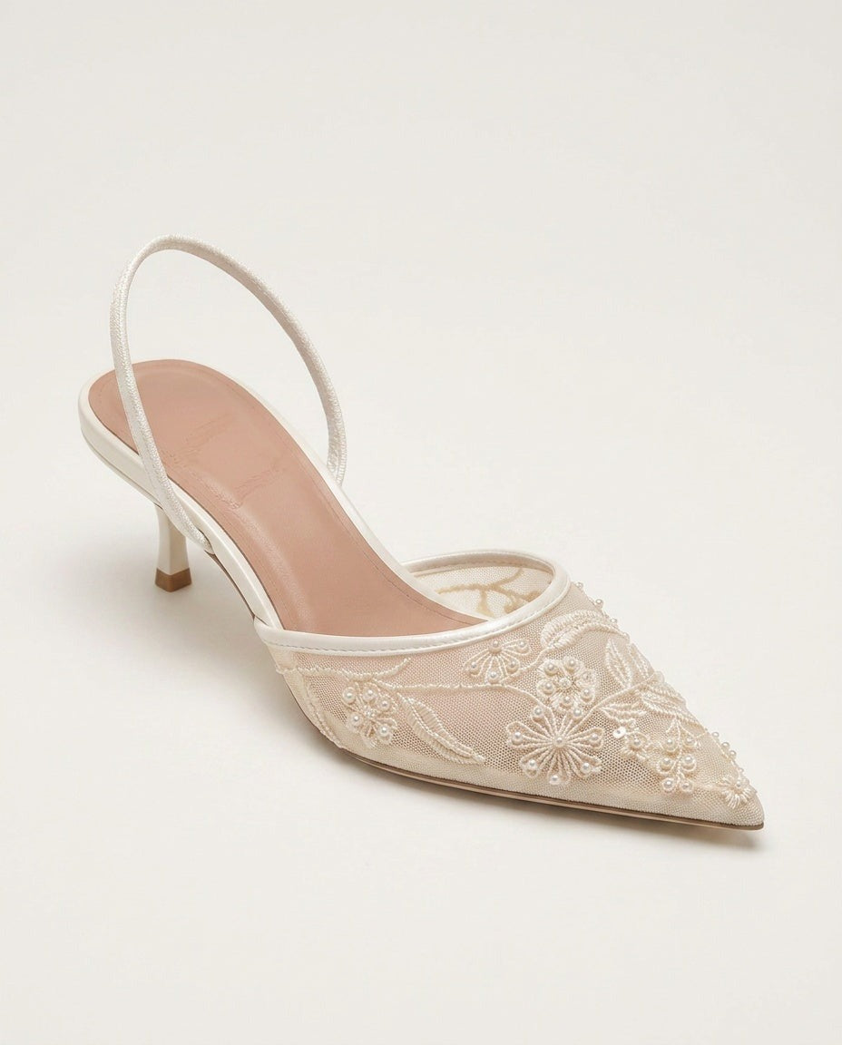 Yara | Champagne Embroidered Mesh Pointed Toe Slingback Heels 1