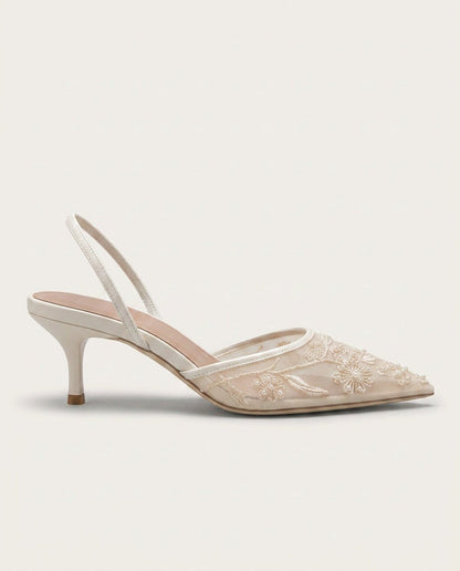 Yara | Champagne Embroidered Mesh Pointed Toe Slingback Heels 2