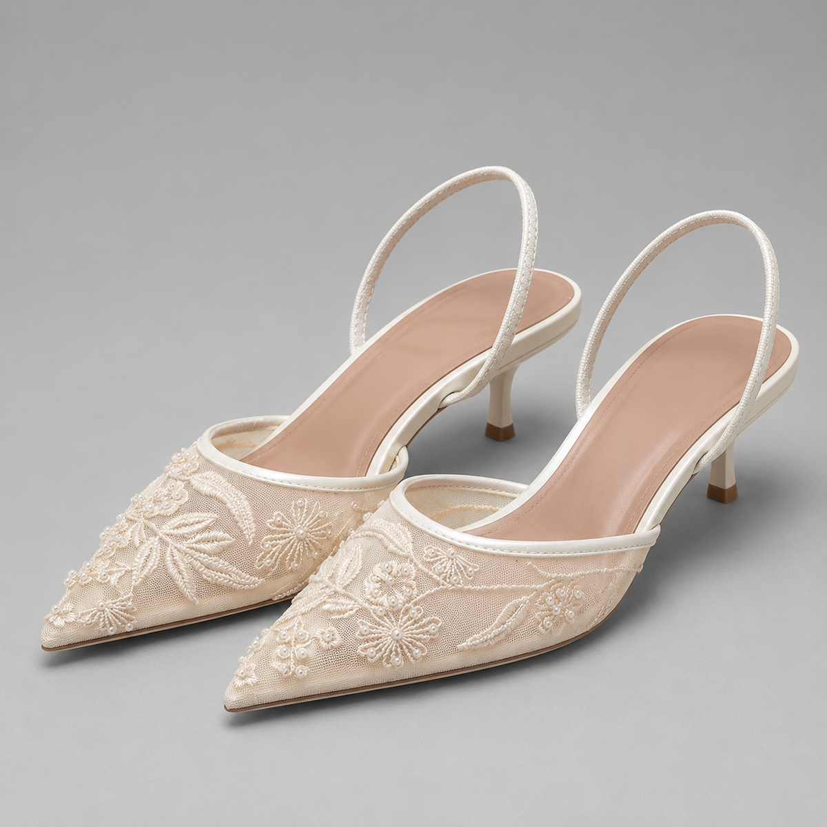 Yara | Champagne Embroidered Mesh Pointed Toe Slingback Heels 3
