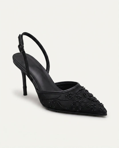 Yara | Champagne Embroidered Mesh Pointed Toe Slingback Heels 4