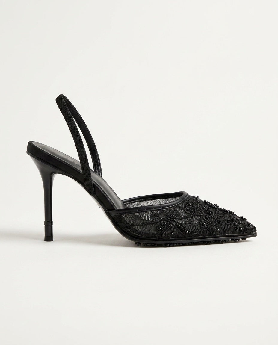 Yara | Champagne Embroidered Mesh Pointed Toe Slingback Heels 5