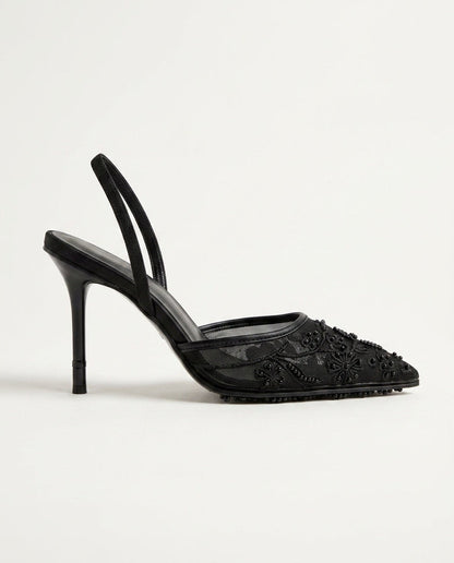Yara | Champagne Embroidered Mesh Pointed Toe Slingback Heels 5