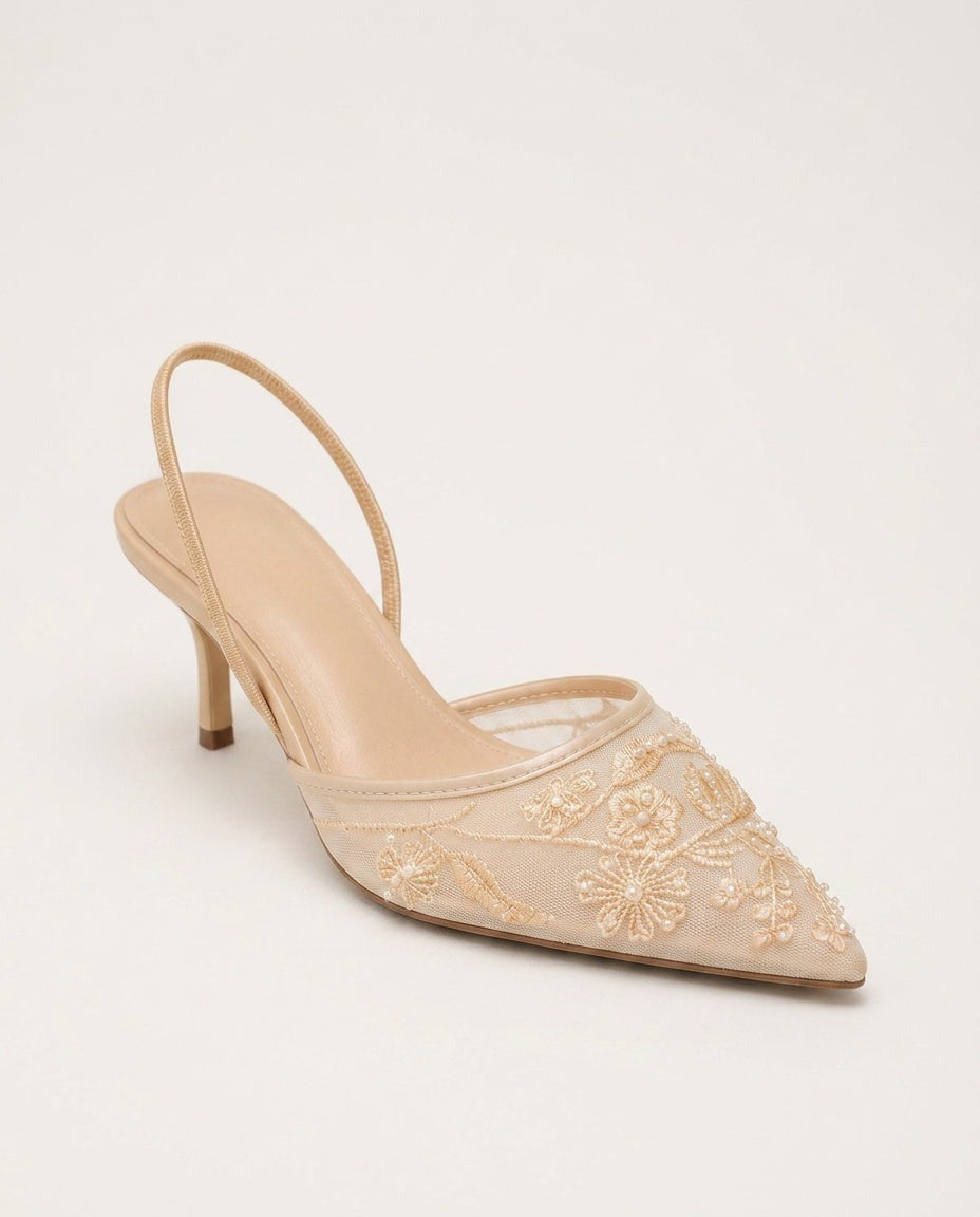 Yara | Champagne Embroidered Mesh Pointed Toe Slingback Heels 6