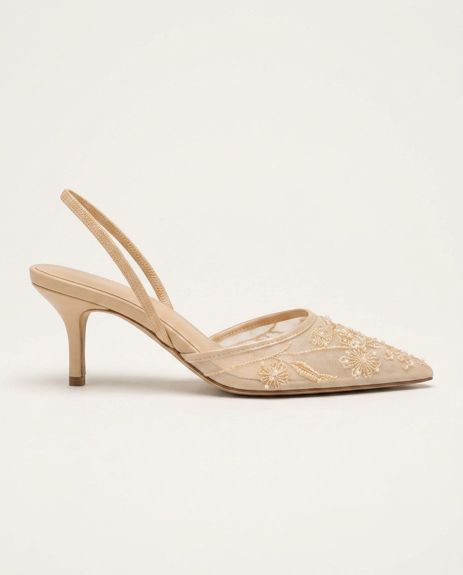 Yara | Champagne Embroidered Mesh Pointed Toe Slingback Heels 7