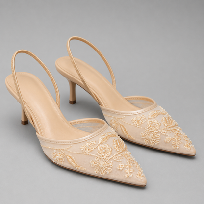Yara | Champagne Embroidered Mesh Pointed Toe Slingback Heels 8