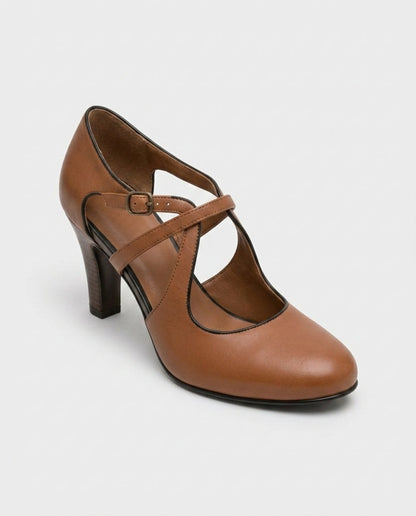 Blythe | Tan Cross Strap Mary Jane Heeled Pumps 1