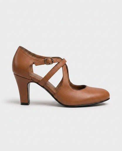 Blythe | Tan Cross Strap Mary Jane Heeled Pumps 2