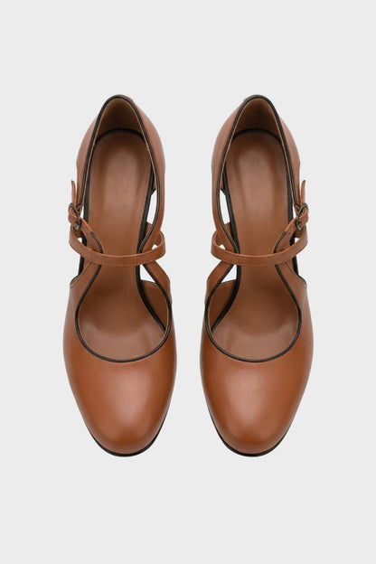 Blythe | Tan Cross Strap Mary Jane Heeled Pumps 3