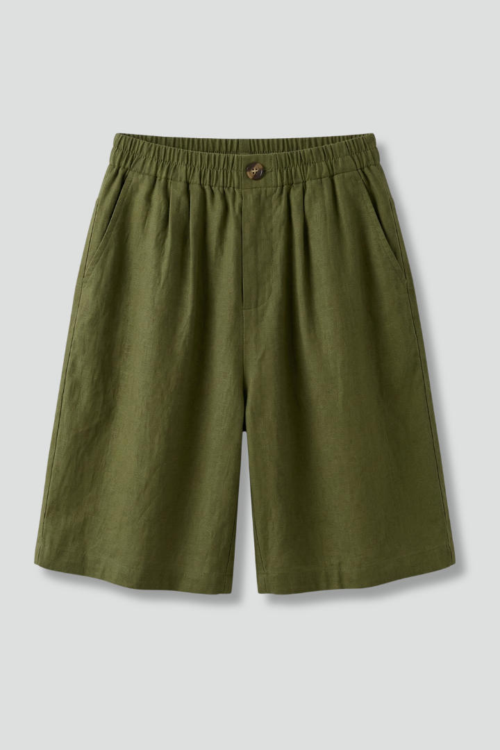 Sable | Olive Green Linen Wide Leg Bermuda Shorts 1