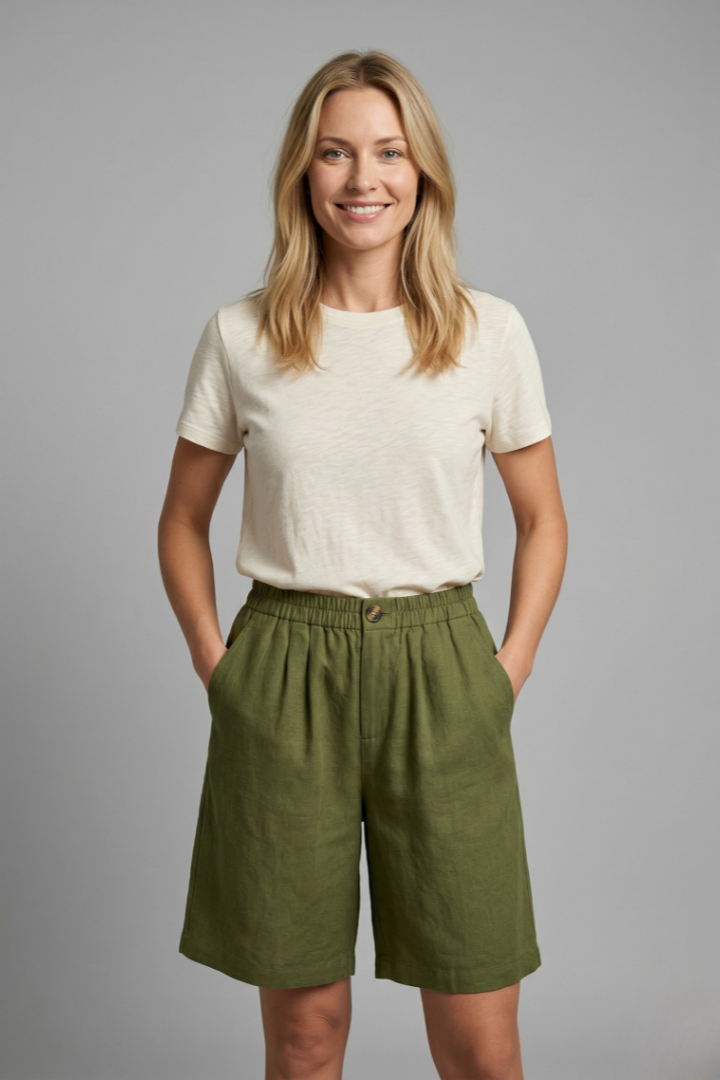 Sable | Olive Green Linen Wide Leg Bermuda Shorts 2