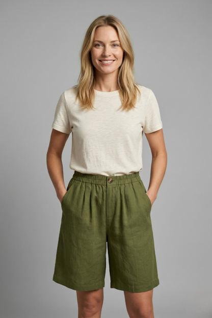 Sable | Olive Green Linen Wide Leg Bermuda Shorts 2
