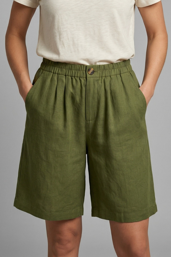 Sable | Olive Green Linen Wide Leg Bermuda Shorts 3