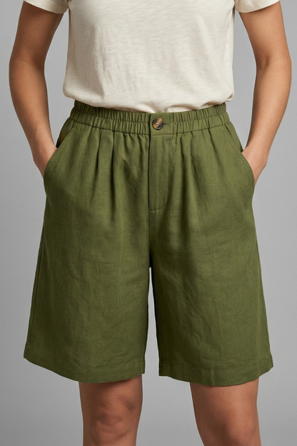 Sable | Olive Green Linen Wide Leg Bermuda Shorts 3