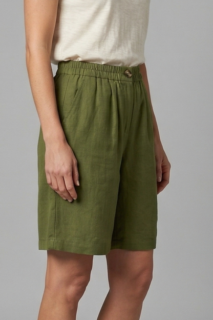 Sable | Olive Green Linen Wide Leg Bermuda Shorts 4