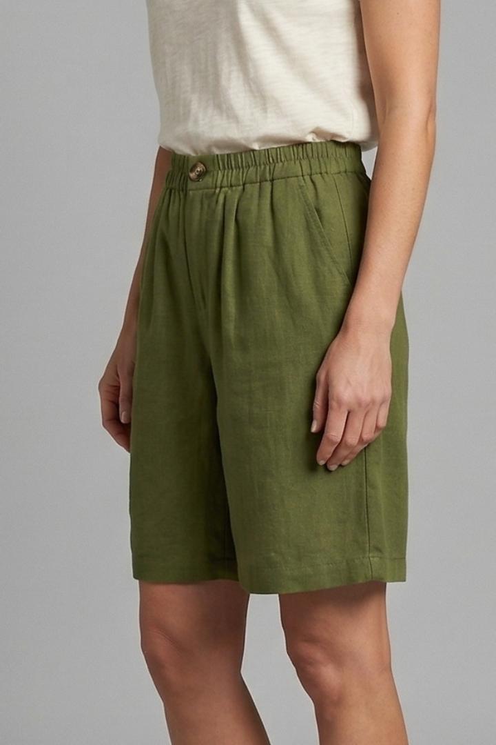 Sable | Olive Green Linen Wide Leg Bermuda Shorts 5