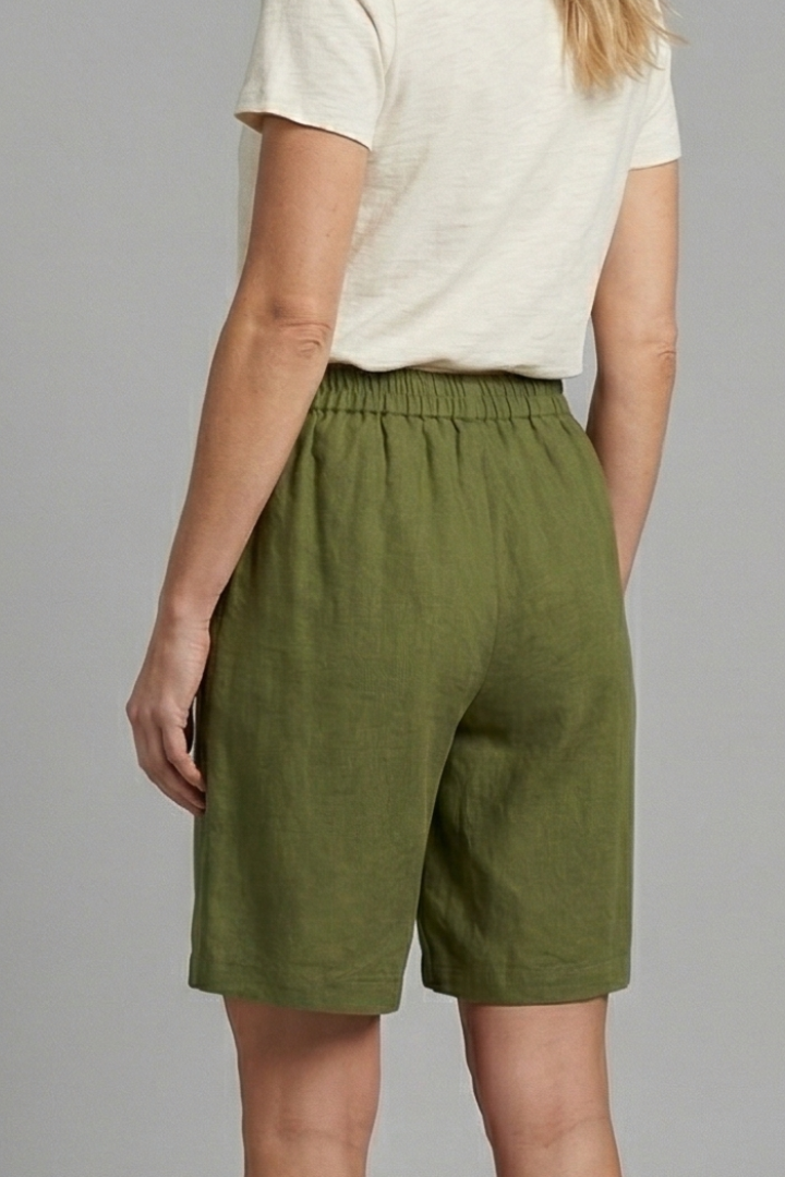 Sable | Olive Green Linen Wide Leg Bermuda Shorts 6