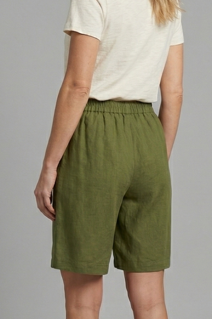 Sable | Olive Green Linen Wide Leg Bermuda Shorts 6