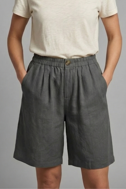 Sable | Olive Green Linen Wide Leg Bermuda Shorts 7