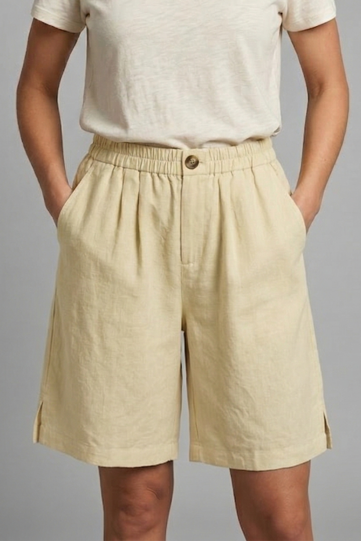 Sable | Olive Green Linen Wide Leg Bermuda Shorts 8